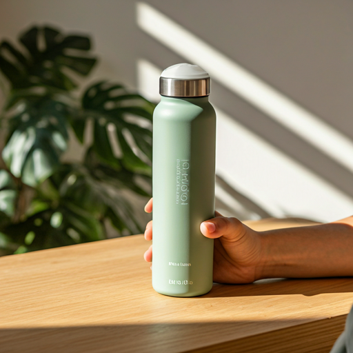 Persona hidratándose con una botella de agua con hidrógeno en un living luminoso