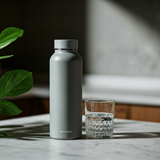 Botella de hidrógeno en una mesada de mármol junto a plantas