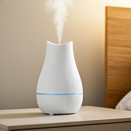 Humidificador de cerámica blanca sobre una mesa de luz minimalista