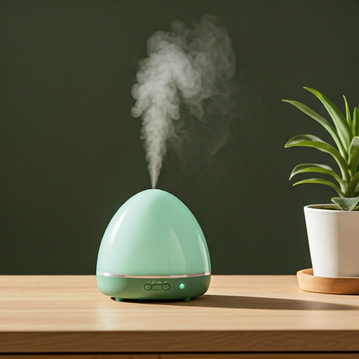 Humidificador en un escritorio de madera con luz de mañana